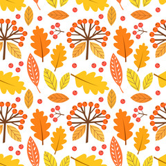 Obraz premium Autumn leaves and berries seamless pattern.