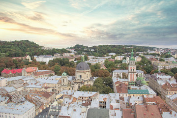 Fototapeta na wymiar Beautiful view of the Dominican Cathedral, the Assumption Church and the historic center of Lviv, Ukraine, on a sunny day