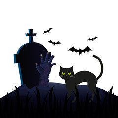 halloween tomb with cat and hand zombie