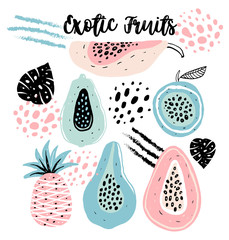 Set of creative modern fruits. Hand drawn trendy background. Abstract icons with papaya, pineapple and passion fruit. Design for cards, banners, print fabric, t-shirt.