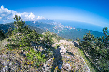 Crimean nature. Beautiful view on Yalta in Crimea. Mountains, sea and forest