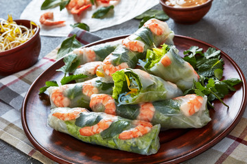 Asian spring rolls of rice paper with shrimps