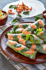 close-up of fresh raw Asian spring rolls