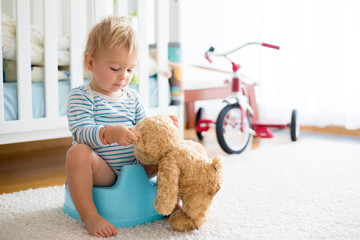 Cute toddler boy, showing his teddy bear friend how to pee in potty, potty training