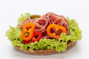Sandwich with salami sausage on white background.