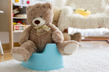 Cute toddler boy, potty training, playing with his teddy bear