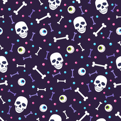 Skull and eyeball seamless pattern on blue background. halloween skull pattern background. vector illustration