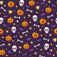 Halloween pumpkin and skull seamless pattern on purple background. halloween pattern background. vector illustration