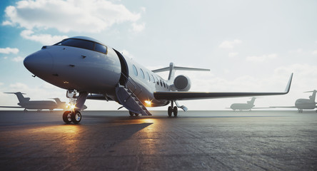 Corporate business class jet airplane parked at airfield and waiting vip persons for take off. Luxury tourism and business travel transportation concept. 3d rendering