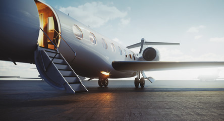 Closeup view of business jet airplane parked at outside and waiting vip persons. Luxury tourism and business travel transportation concept. 3d rendering - 290512894