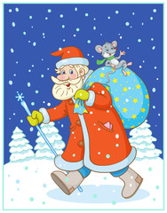 Santa Claus with a small rat and a big bag of gifts goes through the night forest to celebrate New Year.