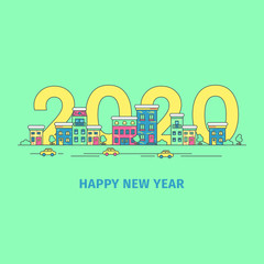 New Year vector flat illustration. snow falls on the city, small houses with windows. good New Year spirit. 2020 year. Christmas card, poster, banner, illustration. Holiday in winter