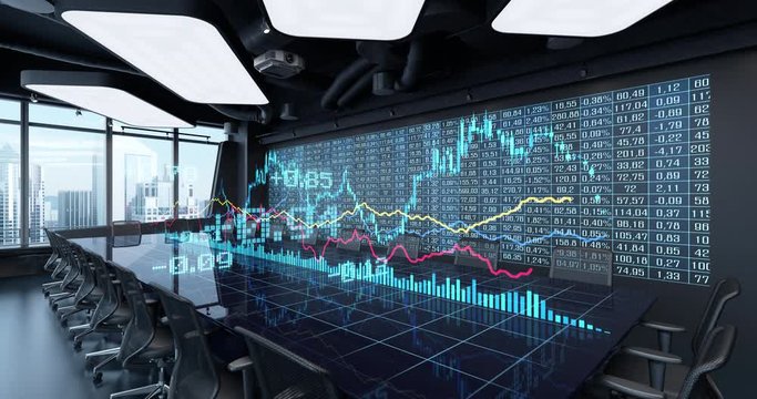 Animated Charts Diagrams of Financial Statistics report Growing on Table in Office Interior. Exchange trading Gambling concept 4K video 3D rendering. 10 sec intro and 10 sec loop.