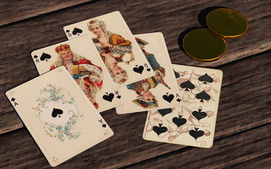 A poker hand rests on an old wooden table. It consists of five cards: the ace, the king, the queen, the jack and the ten of spades: a royal flush. 3D Rendering