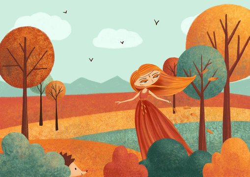 Autumn landscape (card) with fairy girl, leaves, trees. Hand drawn illustration.