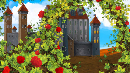 Fototapeta na wymiar Cartoon scene of rose garden near castle in the background illustration for children