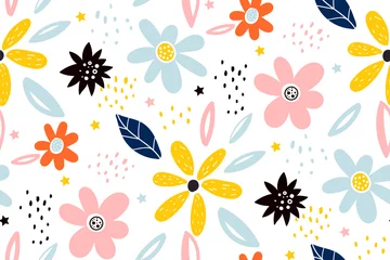 Deurstickers Bloemenmotief Naadloos kinderachtig patroon met fairy bloemen. Creatieve stadstextuur voor kinderen voor stof, verpakking, textiel, behang, kleding.
