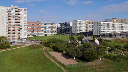 View of modern apartment buildings in Pasilaisiai, a suburb of the city of Vilnius, Lithuania.