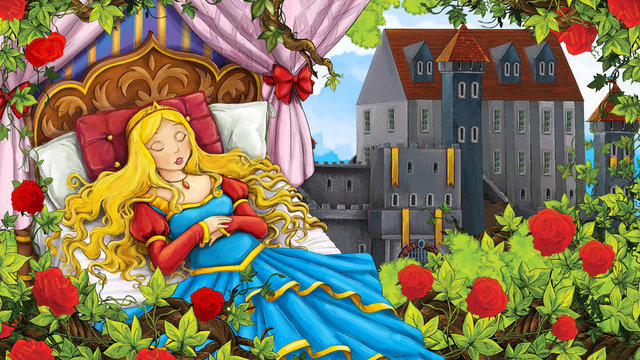 Cartoon scene of rose garden with sleeping princess near castle in the background illustration for children