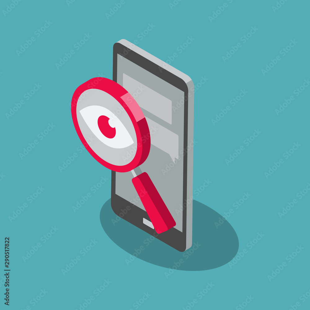 Poster spyware internet cyber attack symbol with spy magnifier and cell phone, isolated on blue background.