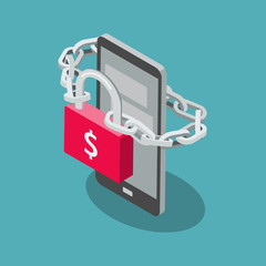 Ransomware internet cyber attack with cell phone, red padlock and chain isolated on blue background. Flat design, easy to use for your website or presentation.