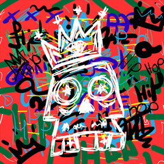 Skull with crown on hip hop background hand drawn. Doodle, sketch, scribble. Urban vector illustration.