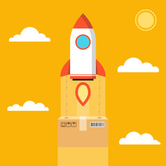 Concept of the fast delivery service. Rocket with the cardboard boxes. Vector illustration.