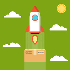 Concept of the fast delivery service. Rocket with the cardboard boxes. Vector illustration.