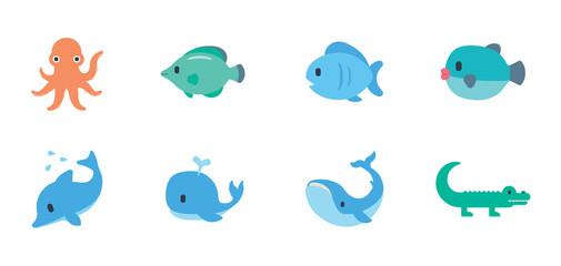 Ocean Animals Vector Illustration Emojis, Icons Set. Fishes, Dolphin, Whale, Octopus Symbols. Sea Mammals Collection