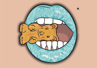lips, jelly, kiss, girl, cartoon, usta, blue, żelek, mole, pieprzyk © Joanna