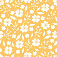 Seamless floral pattern with simple flowers and herbs. Yellow and white vector illustration. Nature wallpaper.