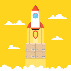 Fast delivery service banner. Rocket with the boxes. Vector illustration.