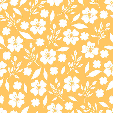 Seamless floral pattern with simple flowers and herbs. Yellow and white vector illustration. Nature wallpaper. © anatartan
