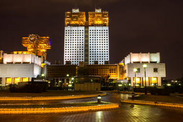 white exterior with Golden roof and illuminated the Russian Academy of Sciences on the background of the night sky Moscow