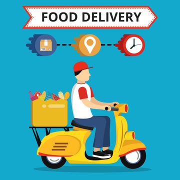Concept of the fast grocery delivery service on scooter or motorbike. Flat vector illustration.