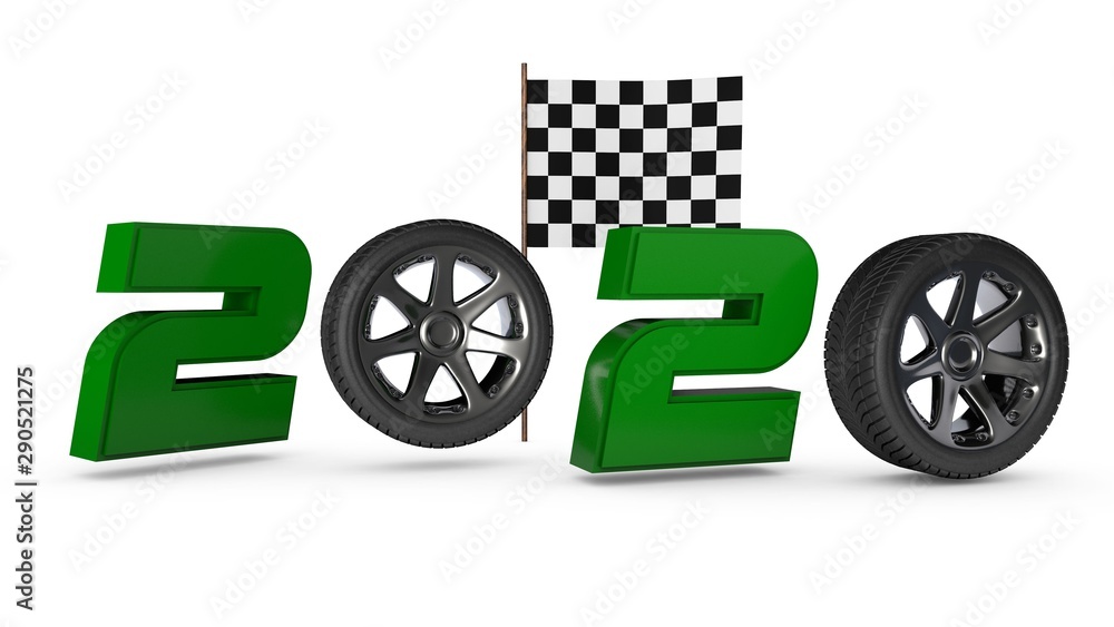 Poster 3d rendering of new year 2020 date. instead of zeros, car wheels and the finish flag are in the back