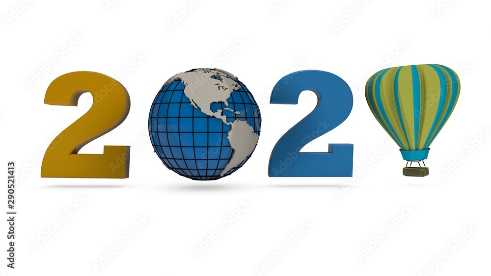 Aufkleber 3d rendering of the date 2020. the image shows the planet earth and a balloon instead of zeros. comp