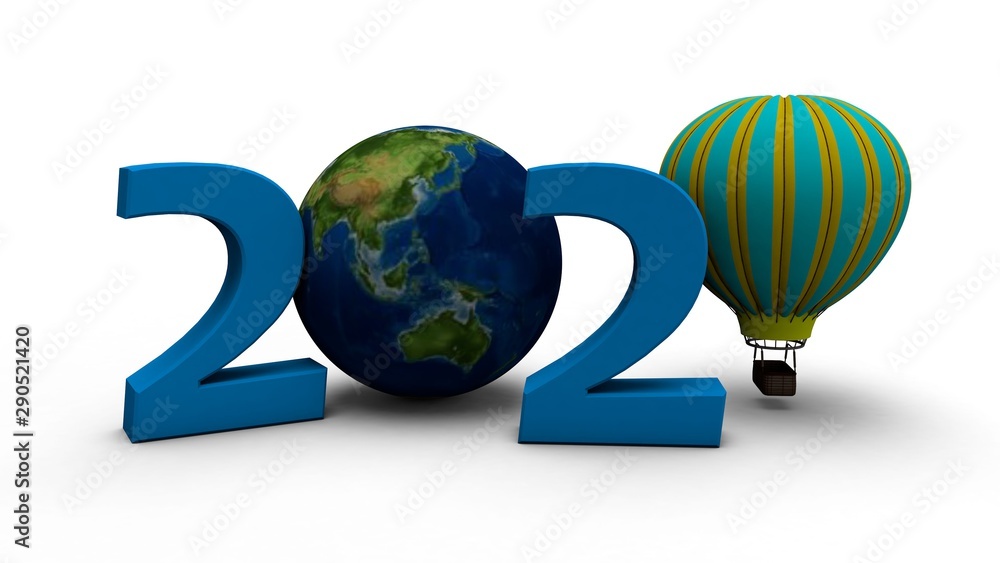 Aufkleber 3d rendering of the date 2020. the image shows the planet earth and a balloon instead of zeros. comp