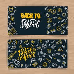 Back to school sketch lettering and hand drawn school stationery. Set of Black board backgrounds with outline doodle school supplies icons. Design for poster, banner, school or education theme.