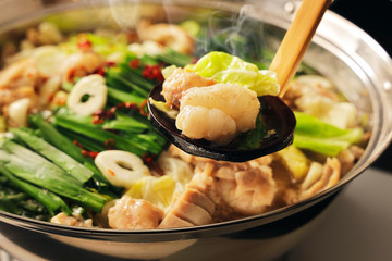 もつ鍋　Motsunabe. Giblets cooked in a hot pot Japanese food