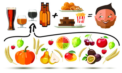 Ingredients of Beer,  flavor of cider, snacks, happy brewer, set icons for creating your infographics, sticker, patch, label, badge. Craft brewing Vector illustration. All elements are separated.