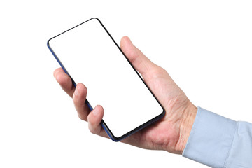 male man holding and showing  blank smart phone isolated  on white background  with clipping path around hand and display with copy space for your text