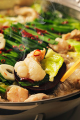 もつ鍋　Motsunabe. Giblets cooked in a hot pot Japanese food