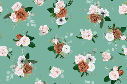 Seamless Pattern With Pale Pink And Brown Roses