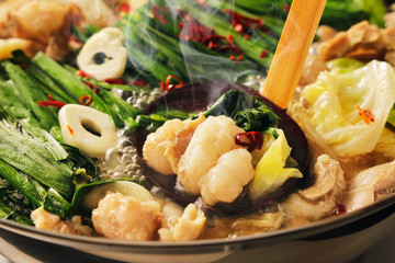 もつ鍋　Motsunabe. Giblets cooked in a hot pot Japanese food