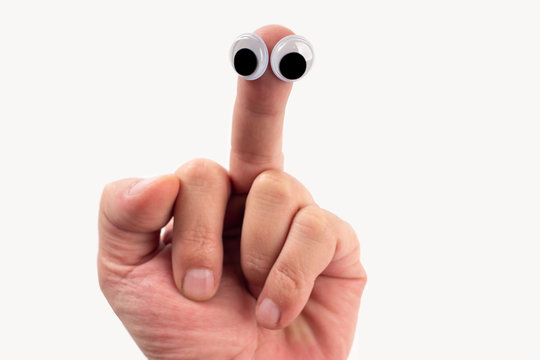 Emoji. Finger Fuck you. Middle Finger with Eyes. Fak. Hand gesture. Finger emoticons. Hands of a man. Middle finger on a white background. Fake smile. Symbol - dislike. Gesture - Disturbance.
