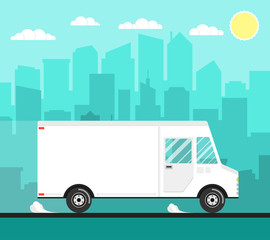 Delivery truck of delivery rides at high speed. City skyscrapers, clouds and sun on the background. Flat vector illustration.