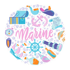 Round shape print with Cute Nautical Set. Flat illustration nautical design elements. Childish illustration. hand drawn Smoking Pipe, Compass, shells, Ship, anchor, map, spyglass, bottle of rum