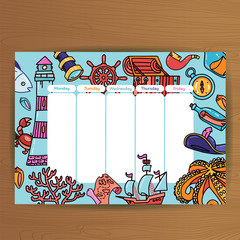 School schedule with underwater world inhabitants and adventure pirate equipment. Timetable Lesson plans all week. Maritime background - lighthouse, chest, treasure hand drawn doodle flat illustration