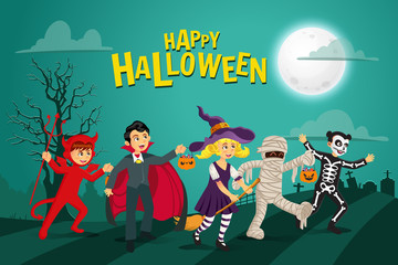 Happy halloween background. kids dressed in halloween costume to go Trick or Treating with green background